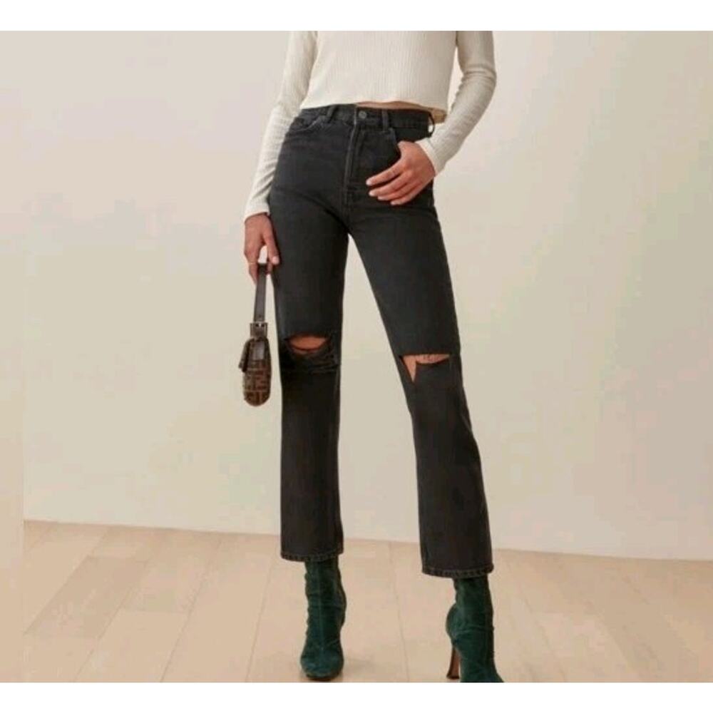 Reformation Jeans Cynthia High Rise Straight 26 Black Destroyed Button Fly Denim